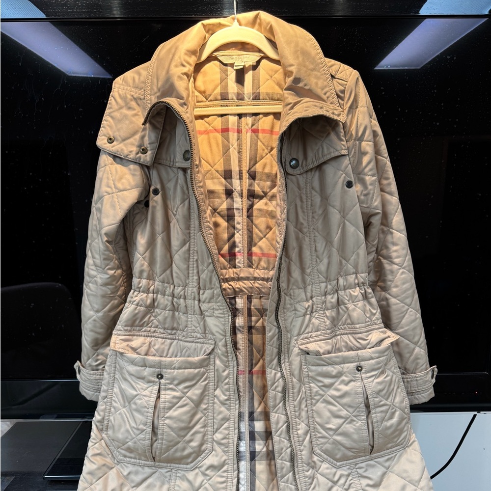 Burberry Beige Quilted Trench Coat with Signature Plaid Lining